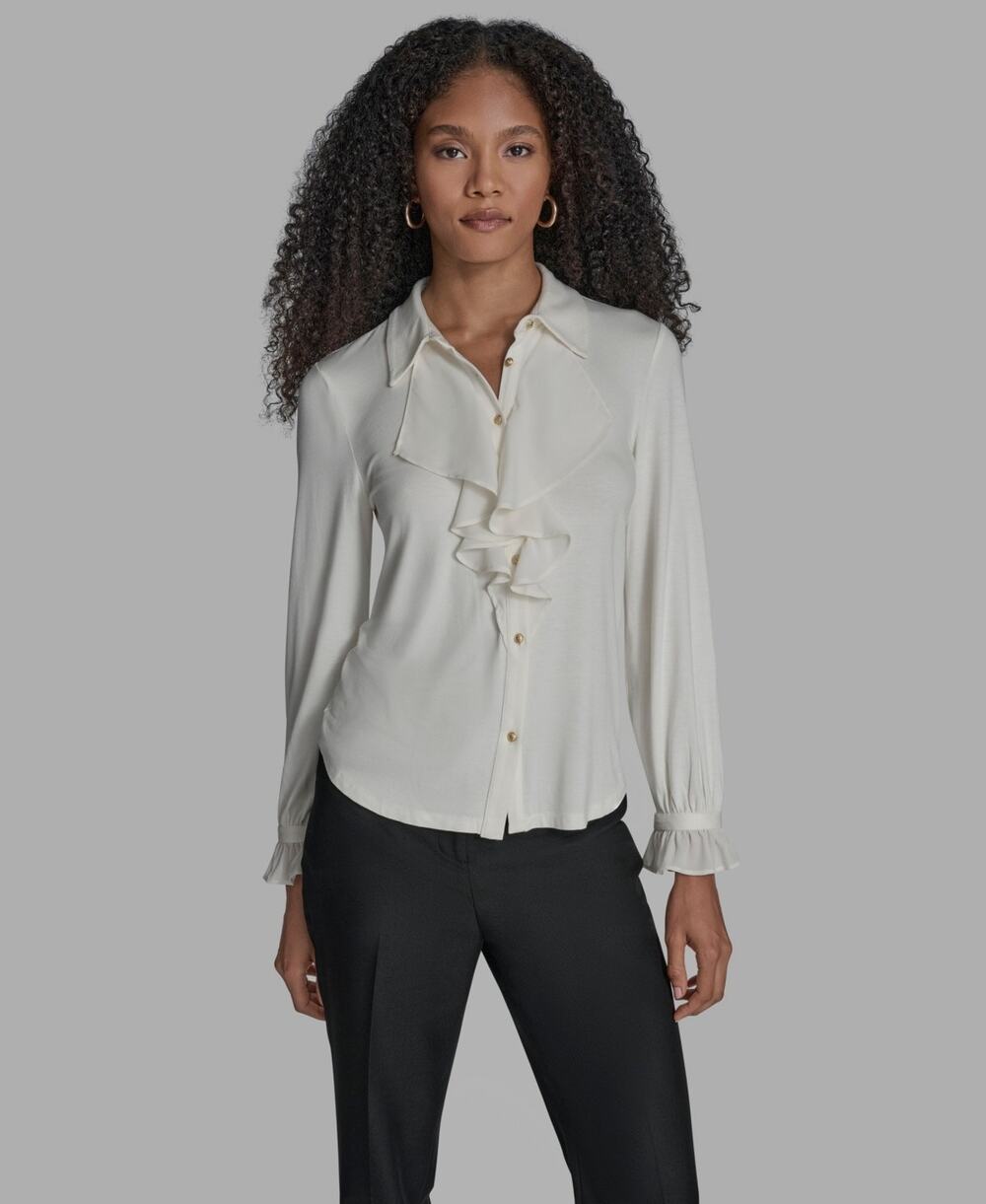 BCBG Women's Button Down Ruffle Front Blouse Ivory Size L 3588